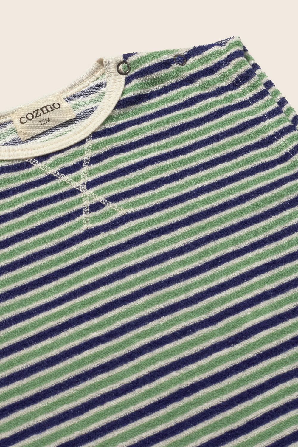 correy terry romper | blue-green stripe