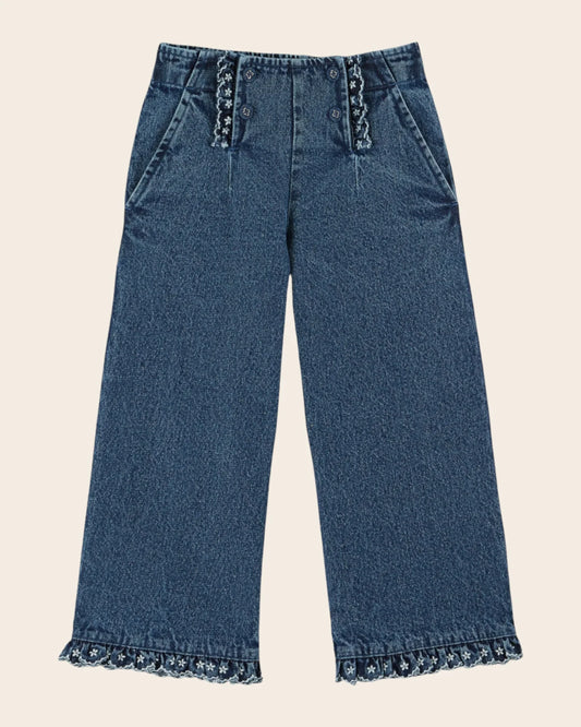 denim embroidered bridge pants