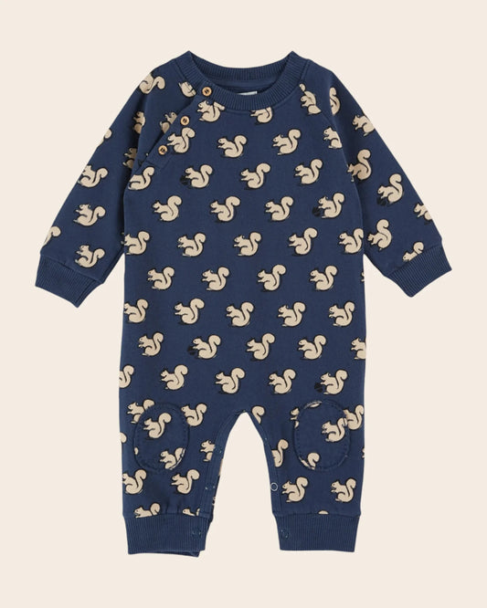 midnight blue organic cotton squirrel jumpsuit