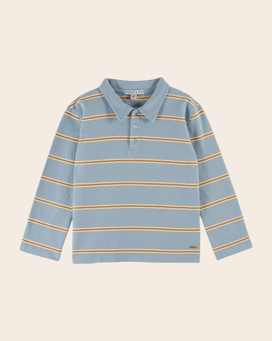 blue organic cotton striped fleece polo shirt