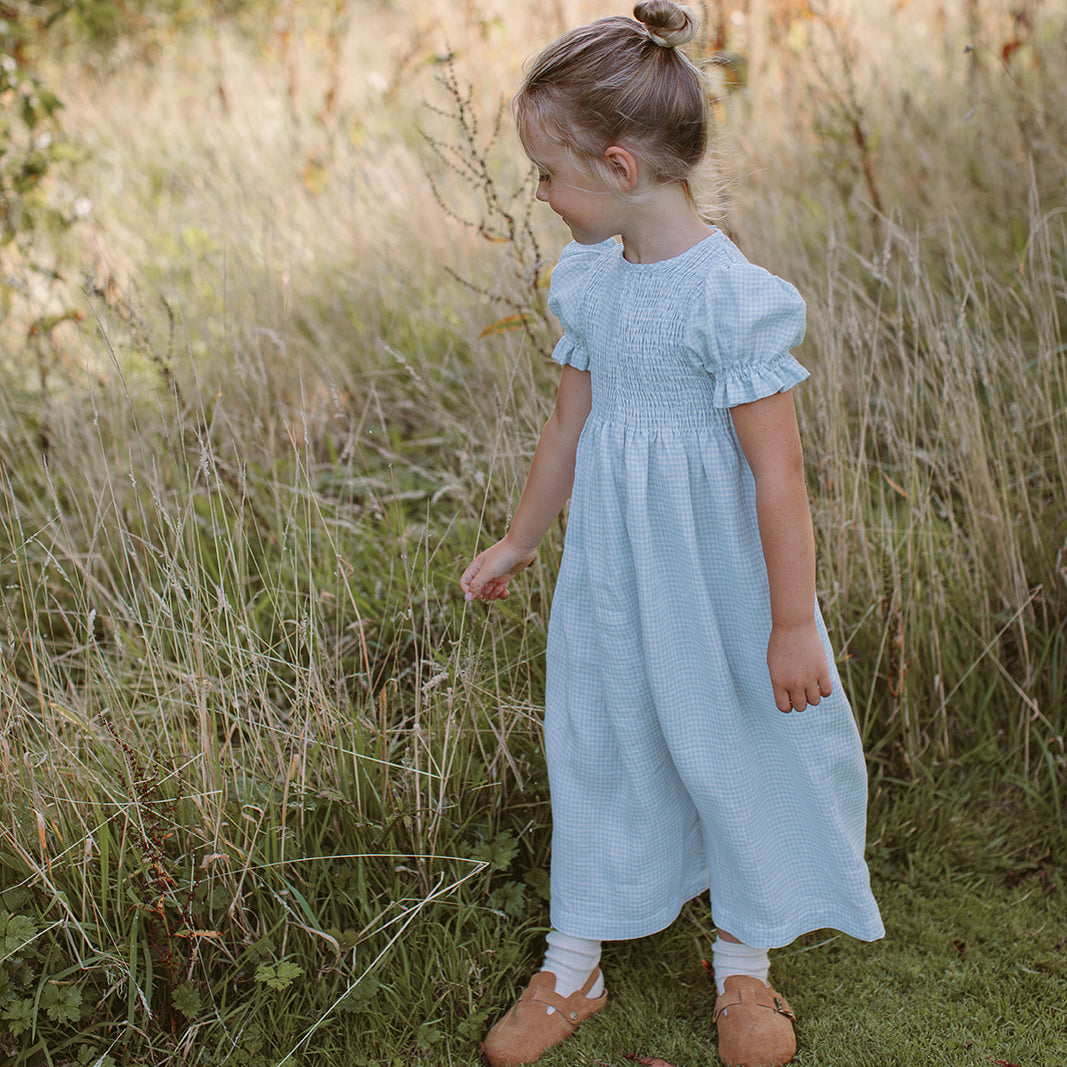 jumping jack jumpsuit | baby blue + milk mini check