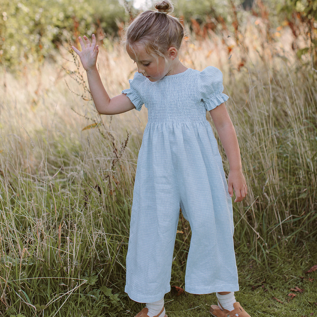 jumping jack jumpsuit | baby blue + milk mini check