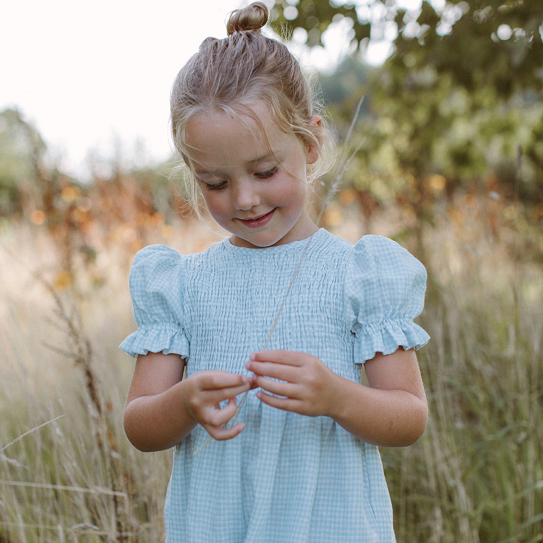 jumping jack jumpsuit | baby blue + milk mini check