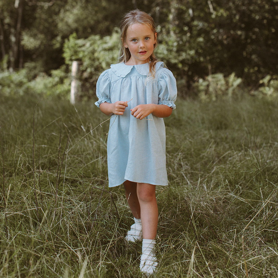 marbles dress | baby blue + milk mini check