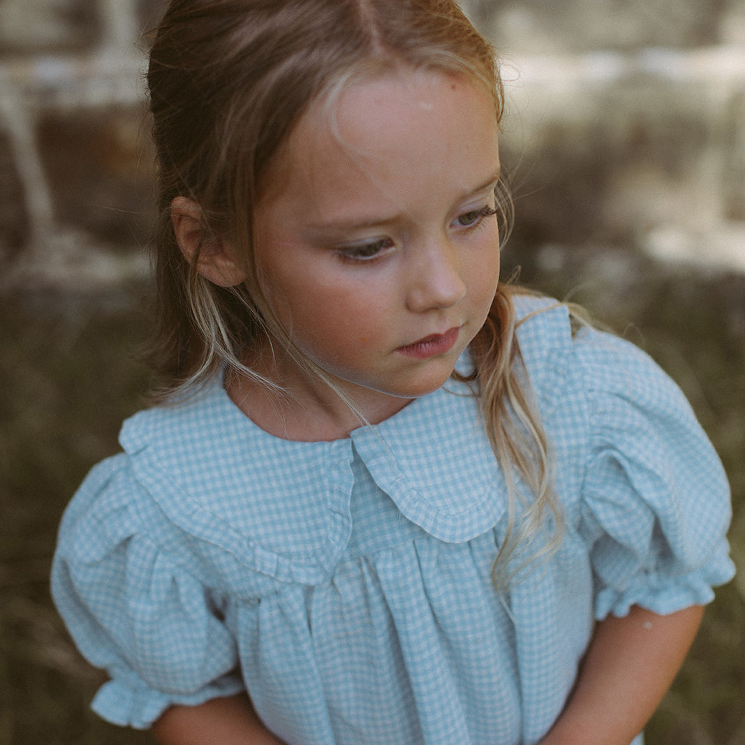 marbles dress | baby blue + milk mini check