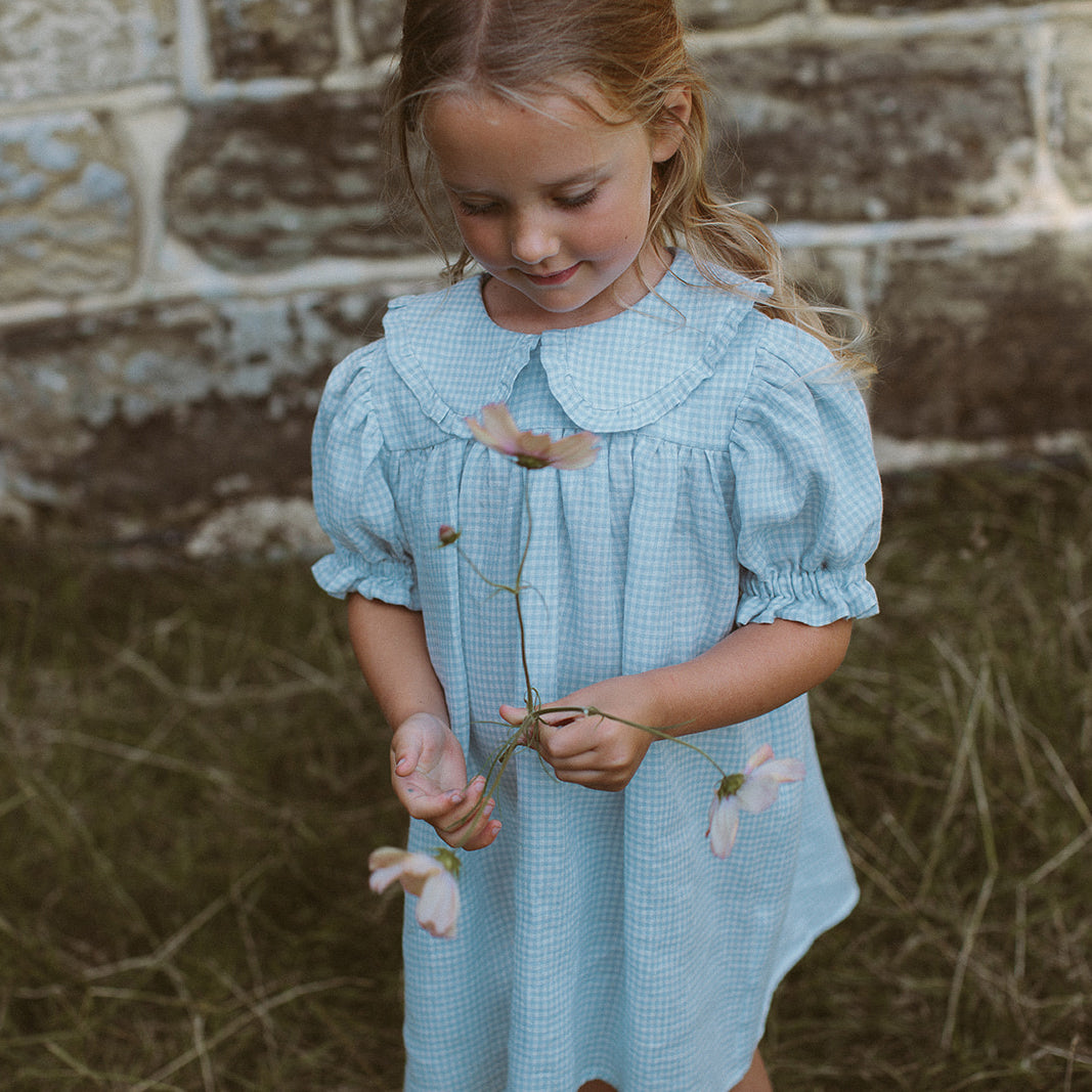 marbles dress | baby blue + milk mini check