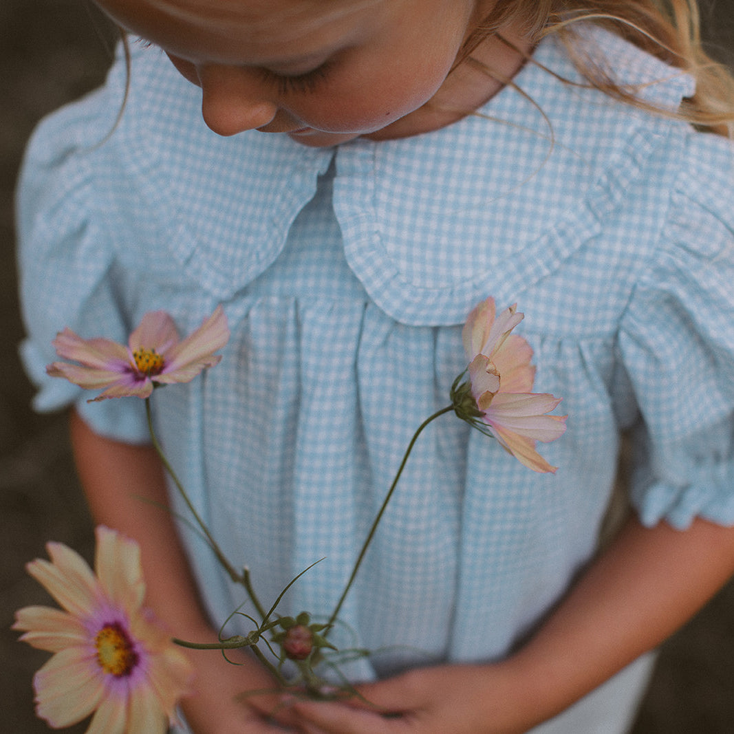 marbles dress | baby blue + milk mini check