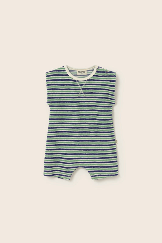 correy terry romper | blue-green stripe