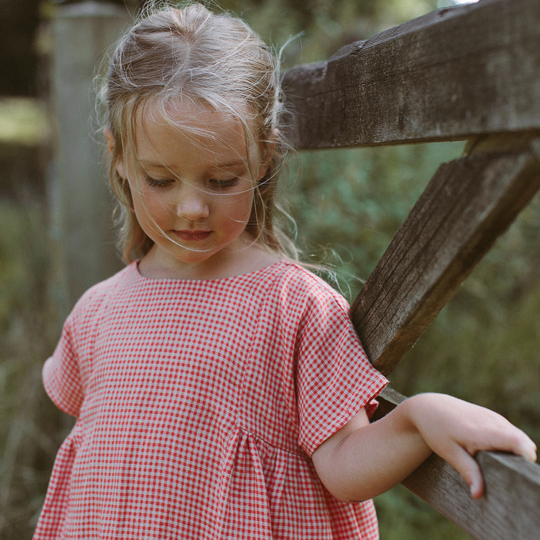 ring o' roses dress | strawberry + oat mini check