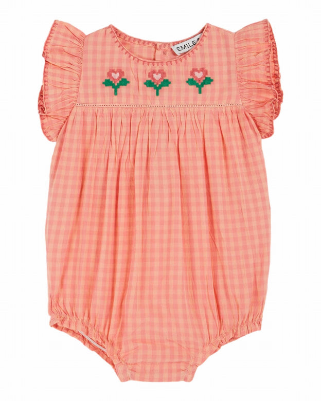 embroidered gingham romper | peach