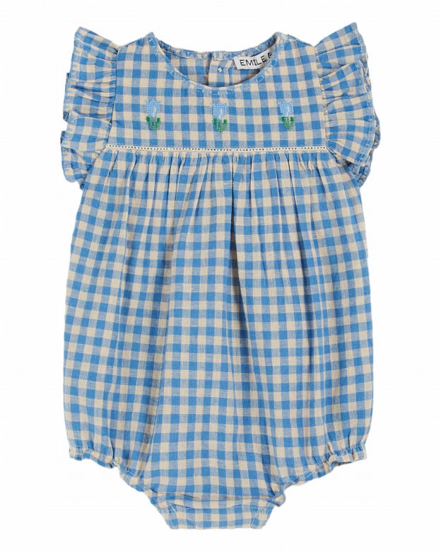 embroidered gingham romper | vichy lagoon