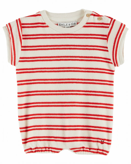 striped romper | red