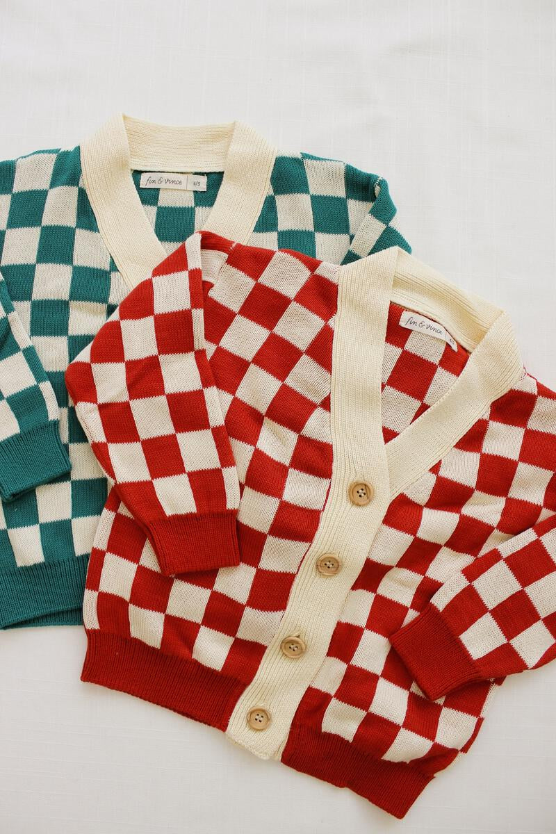 checkered cardigan | brick red
