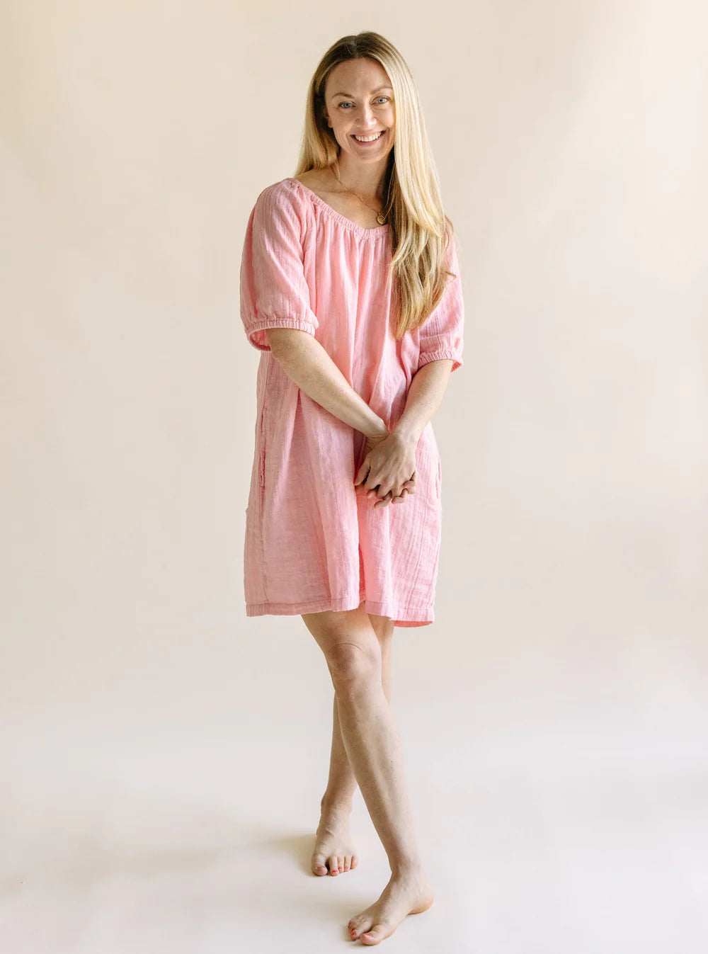 women's cotton gauze house dress | bubblegum ruboland women's cotton gauze house dress | bubblegum ruboland