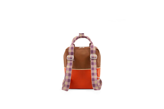 small backpack | orange juice + plum purple + school bus brown