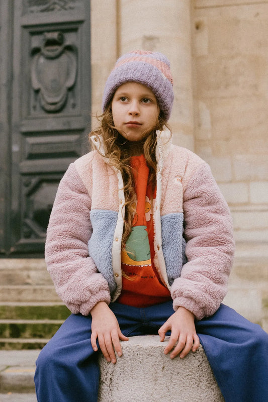 color block sherpa jacket | grey + soft pink